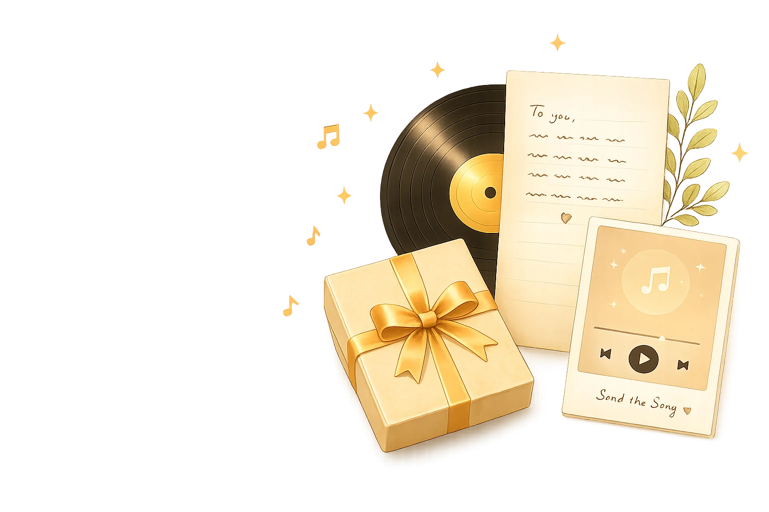 A song made for someone special with a vinyl record, letter, gift box, and photo