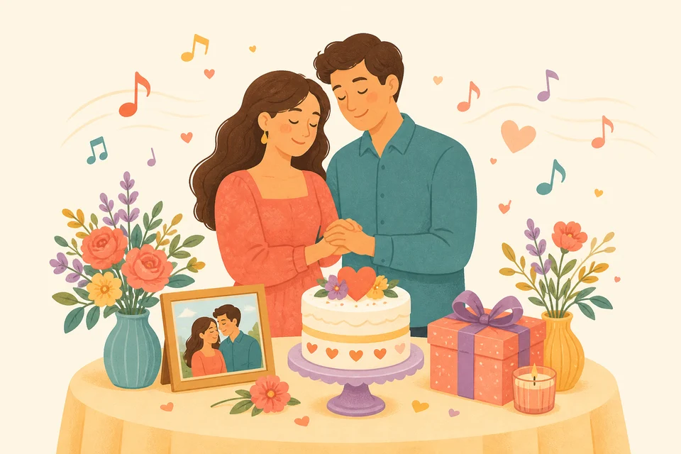 Couple celebrating an anniversary with flowers, cake, gifts, and music notes