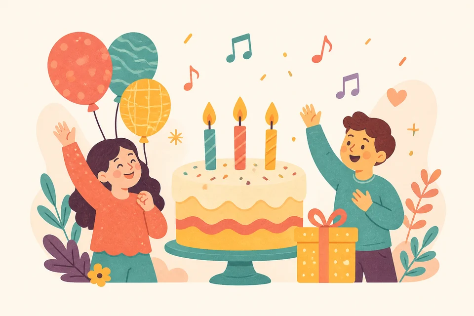 Hand-drawn birthday cake, balloons, gift, and music notes