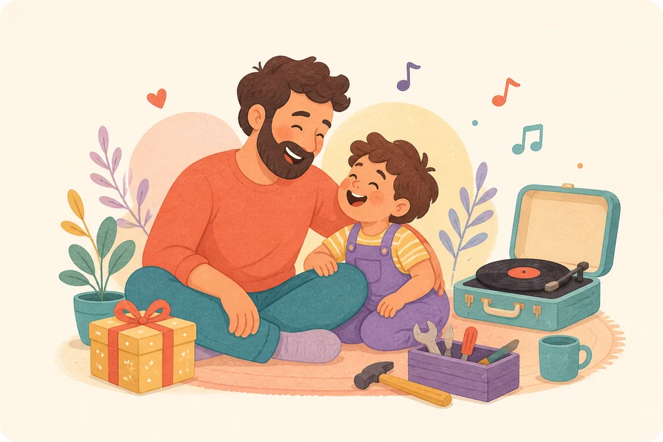 Father and child laughing beside a gift, record player, and music notes