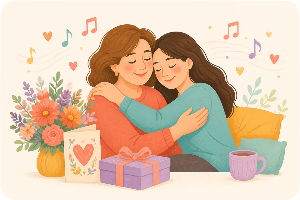 Mother and adult child embracing beside flowers, a card, and a gift