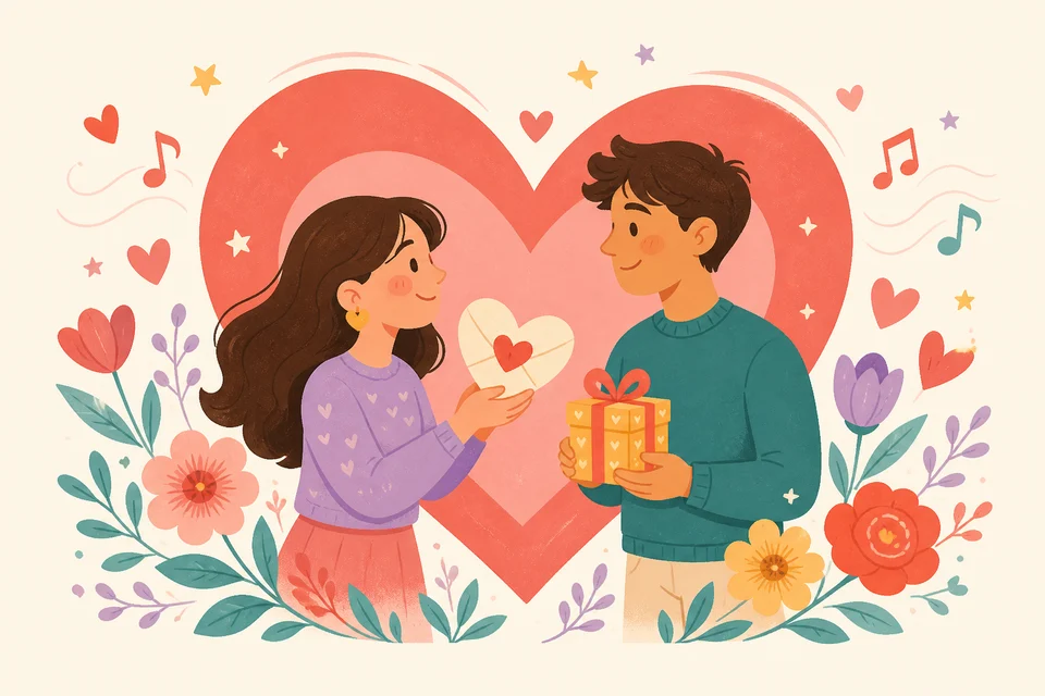Couple exchanging a Valentine's Day gift inside a heart with music notes