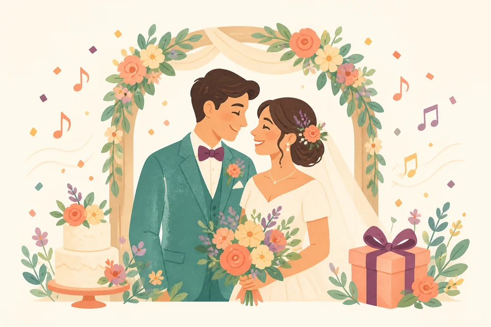 Newlywed couple beneath a floral arch with cake, gift, confetti, and music notes